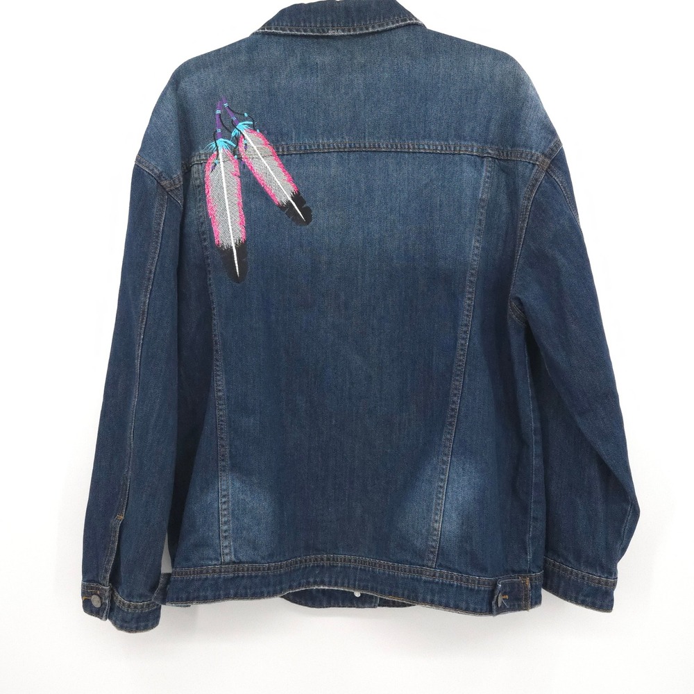 Judy Blue Denim Jacket Women 1X Blue Embroidered Feather Oversized Boho